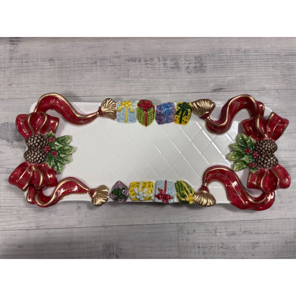 VTG‎ JCPenney Home Collection Holiday Ribbon Decorative Ceramic Tray NIB - Picture 3 of 6